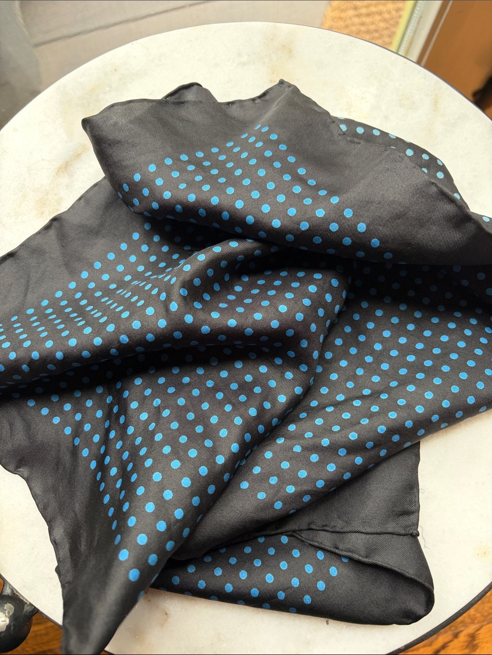 Black Silk square scarf with Blue Polka Dots